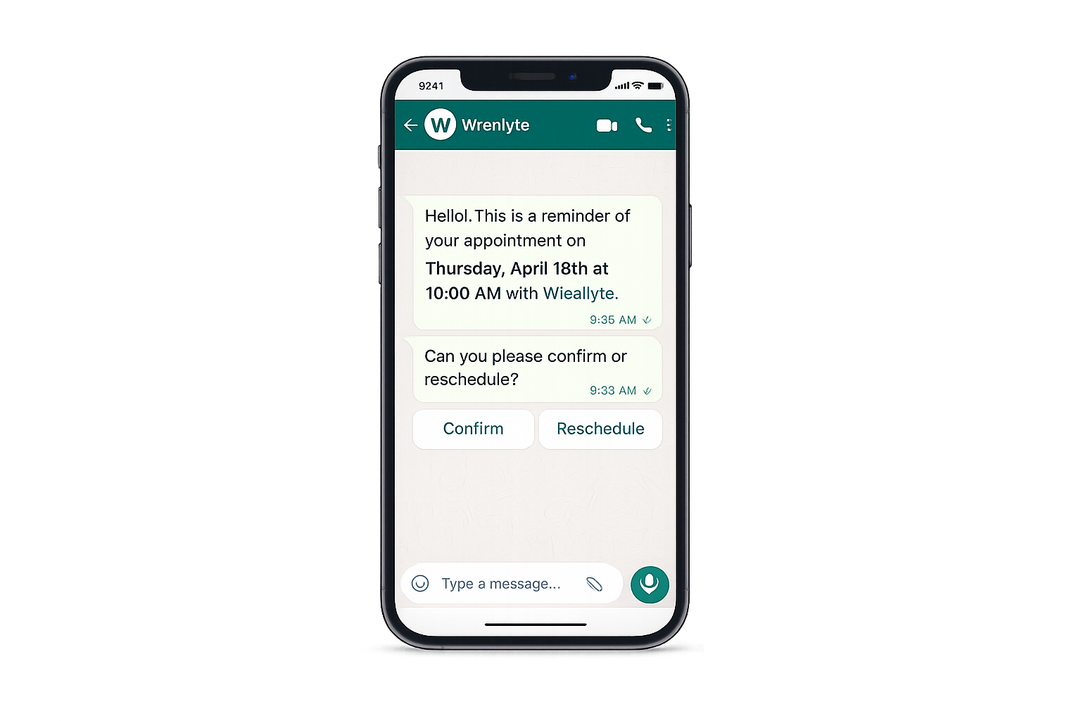 WhatsApp chat showing an automated appointment reminder with confirm and reschedule buttons